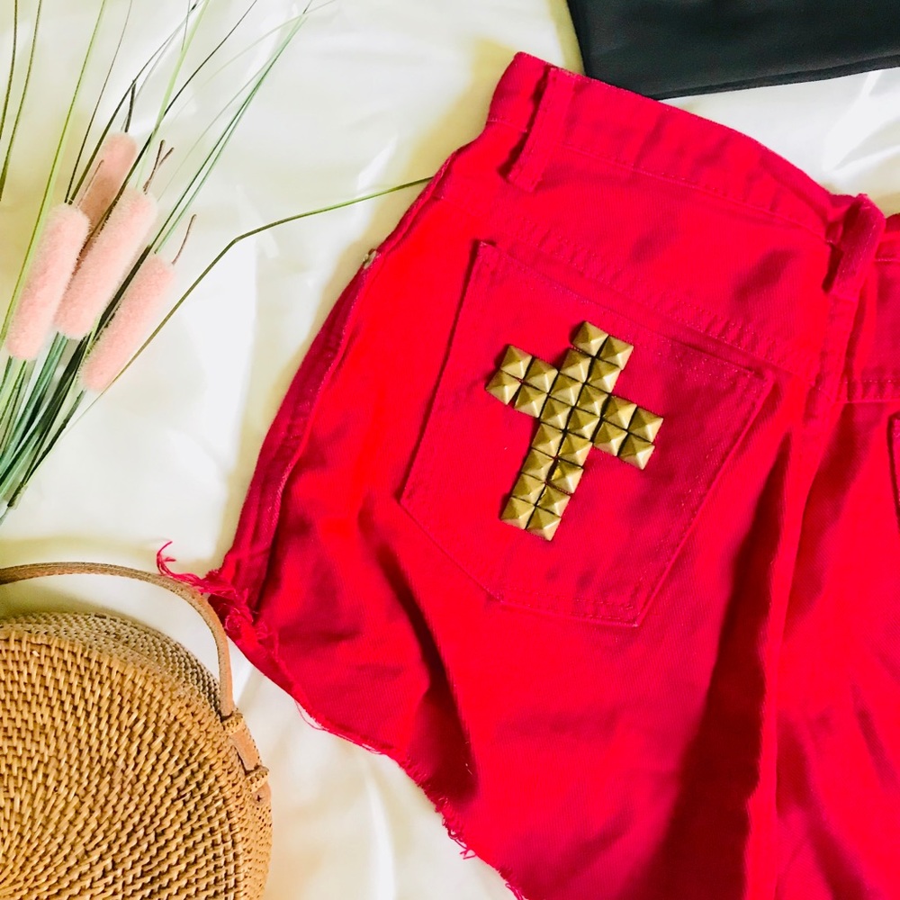 Vintage Denim High Waisted Studded Shorts